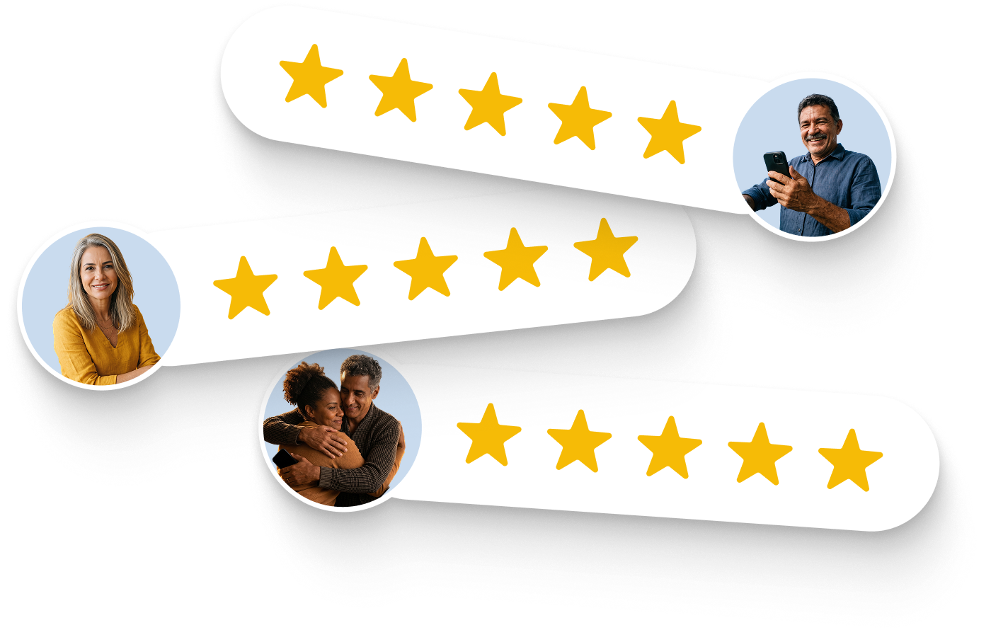 Avaliações de clientes com estrelas e rostos sorridentes