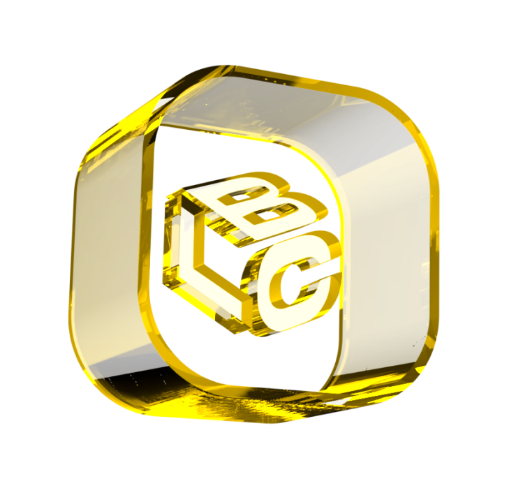 Cubo 3D dourado com letras B, L, C