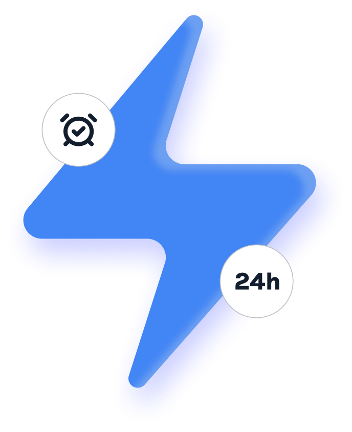 Ícone de relógio com check e texto "24h" sobre fundo azul em forma de raio.