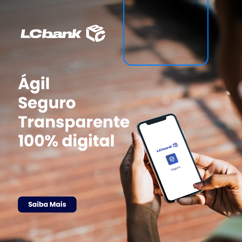 Logo LCbank e celular com app de seguro digital. Seguro LCbank.