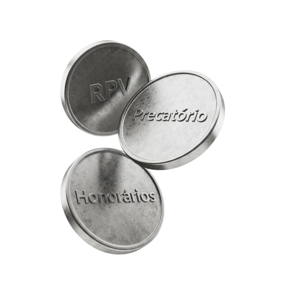 Moedas de precatório, RPV e honorários advocatícios em metal.