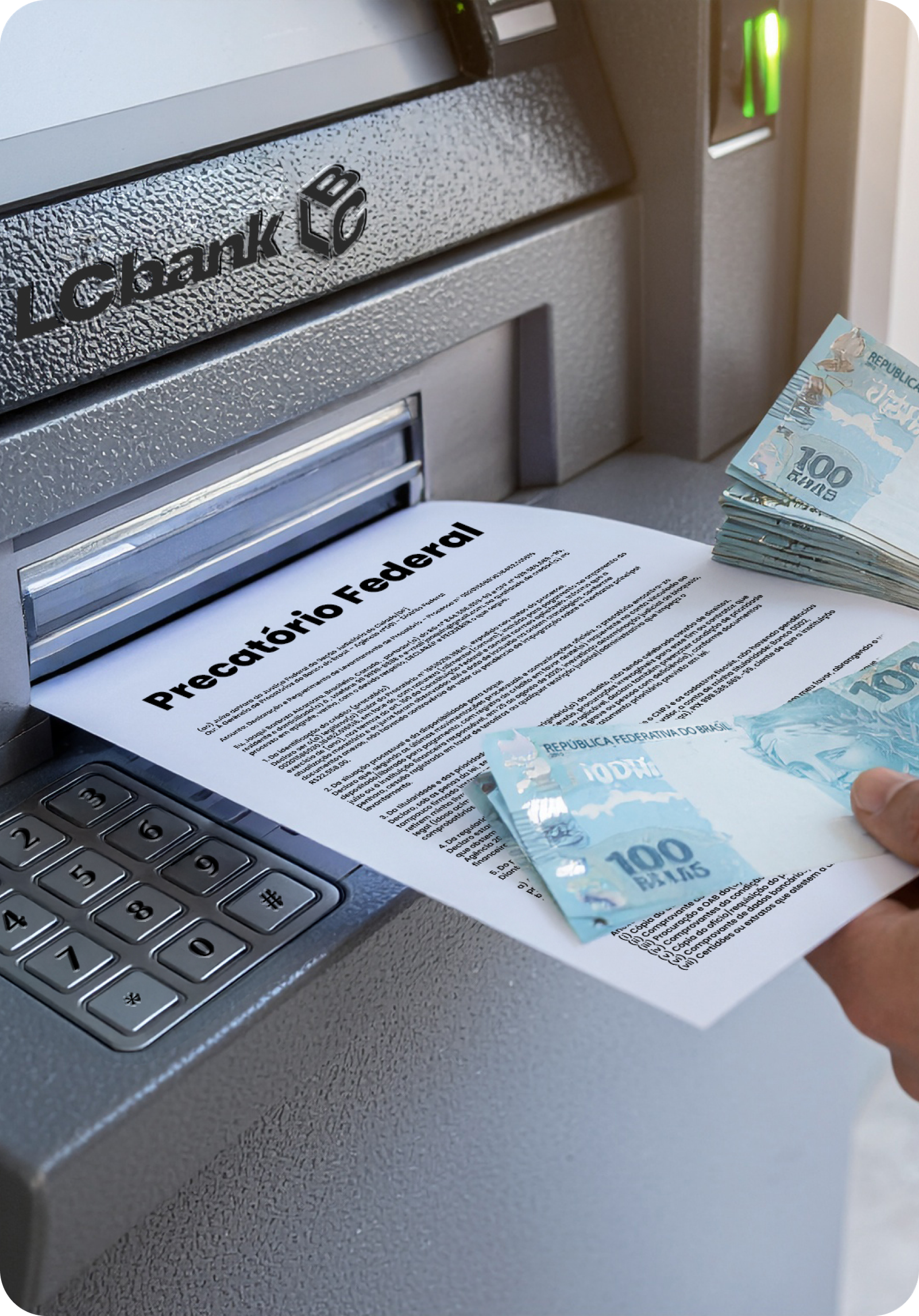 Saque de precatório federal em caixa eletrônico com notas de Real